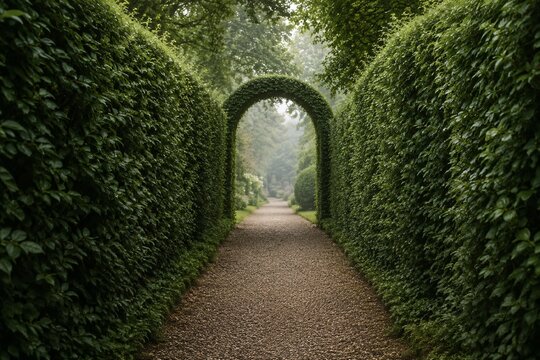 A garden path flanked by tall privet hedges forming an archway.
