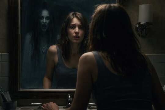 Frightened woman looking into haunted mirror with ghost reflection in dark horror bathroom scene