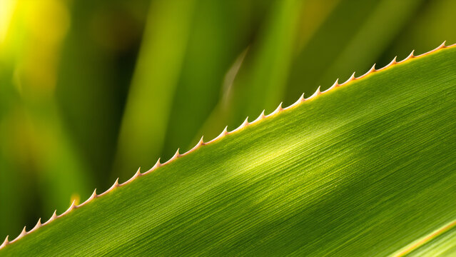 Macro view of sharp spines on a green screwpine leaf in sunlight