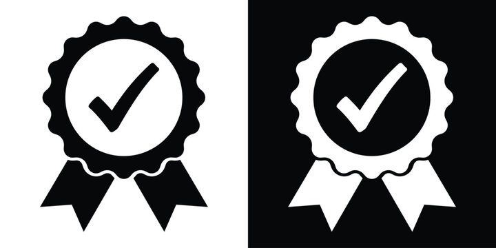 Approved check mark ribbon badge vector template in black and white versions. Verified certificate seal emblem icon for quality assurance, standard compliance, and successful pass stamp.