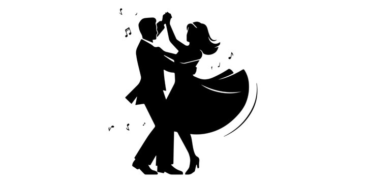 Couple dancing silhouette, woman twirling in dress, man holding hand, black on white background, Swing Dance silhouette vector white background ,