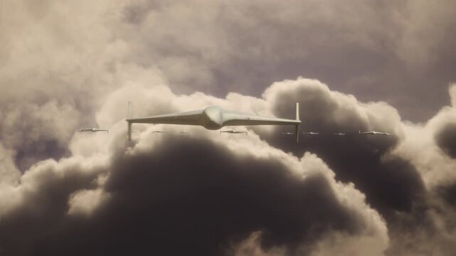 Close-up View of Large Fleet of Shahed 136 Kamikaze Drones Flying By to Target with Cloud Background. UAV Unmanned Aerial Vehicle. Modern Technology Warfare in the Air. 3D Render.