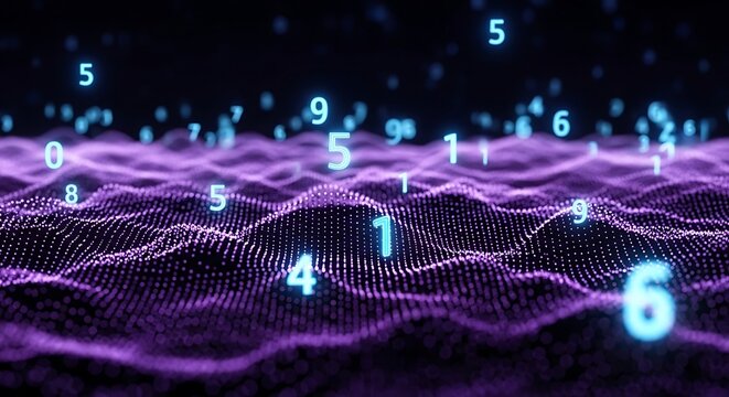 Abstract digital landscape of purple waves and glowing blue numbers floating above