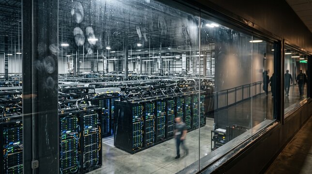 Blurred motion of technician walking past rows of computing servers viewed through glass window panel representing data center security