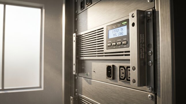 Close up of rack mounted uninterruptible power supply interface showing normal load status representing electronic system operational stability