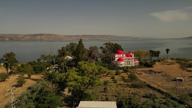 Aerial View of Church of the Holy Apostles by the Sea of Galilee in Israel