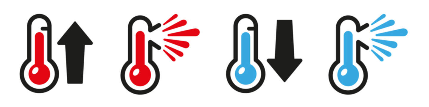 Temperature Icons Set with Hot and Cold Thermometers, Heat Warning, Cold Warning and Temperature Increase Decrease Symbols