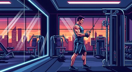 Obraz premium Bodybuilder performs a cable row exercise in a modern gym featuring a scenic city skyline at sunset.