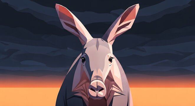 Geometric low poly vector illustration of an aardvark with large ears against a dramatic dark sky