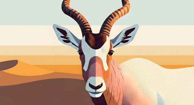 Vector illustration of a majestic addax antelope in the desert with large spiraled horns