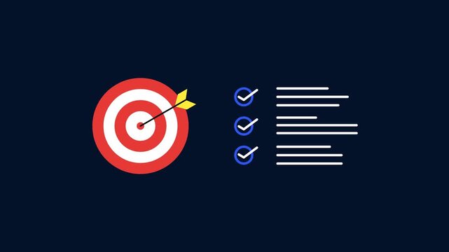 Target achievement checklist animation with bullseye goal icon and completed task list for business planning productivity and success