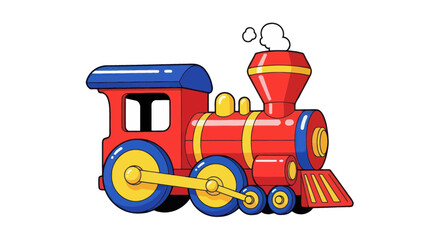 Red and blue vintage toy train engine with smoke puff © titik