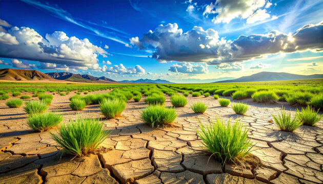 Green Grass Tufts in Arid Cracked Earth with Blue Cloudy Sky