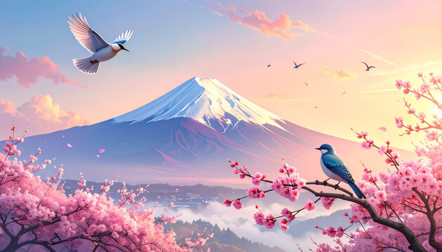 Mount Fuji with cherry blossoms and birds under a pastel sunset sky
