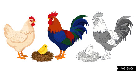 Farm poultry set with rooster hen and chick in a nest © titik