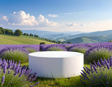 Empty White Podium Display in a Lavender Field with Rolling Hills Background.