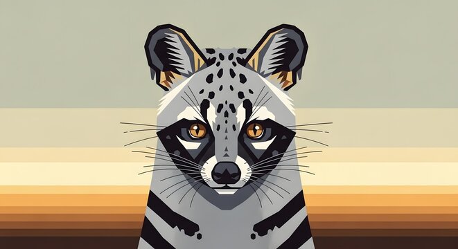 Stylized Portrait of a Wild African Civet Cat Featuring Geometric Patterns and Warm Earthy Background Tones