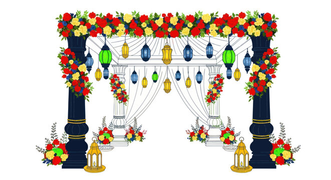 Elegant wedding entrance arch with lanterns and red roses