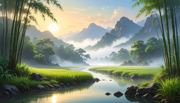 Serene Misty Mountain River Landscape with Bamboo at Sunrise