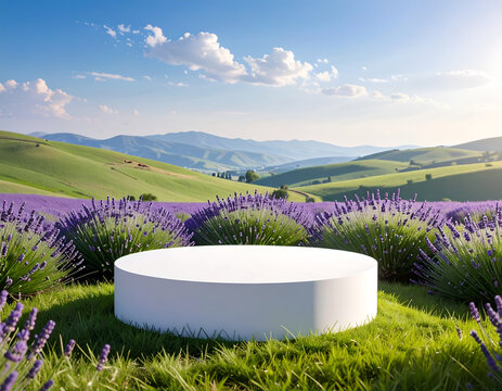 Serene Lavender Field with Pedestal in Rolling Hills Landscape.