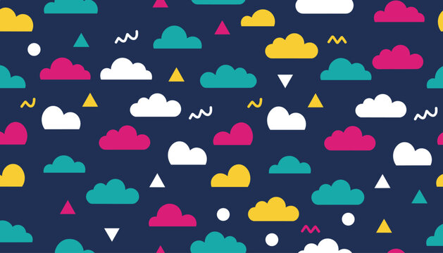 Colorful seamless pattern featuring stylized geometric clouds, triangles, and zigzags on a deep blue sky background.