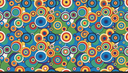Obraz premium Retro seamless pattern with colorful concentric circles of different sizes overlapping in a vintage pop art style.