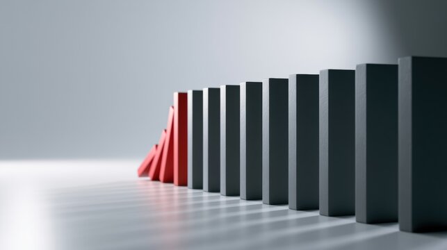 Row of Tall Domino Blocks in Cascade on Clean Surface With First Red Block Toppling Gray Ones Under Dramatic Lighting