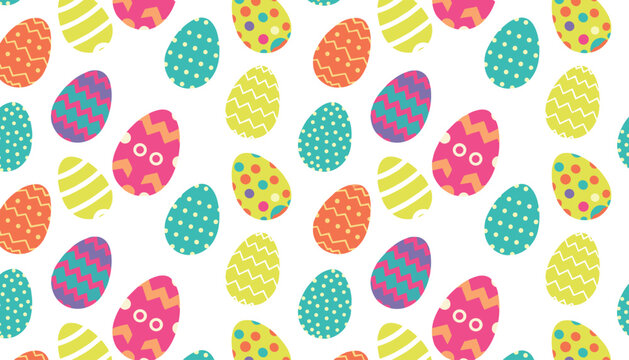 Seamless Easter egg pattern background featuring colorful decorated eggs with fun polka dots and zig zag stripes.