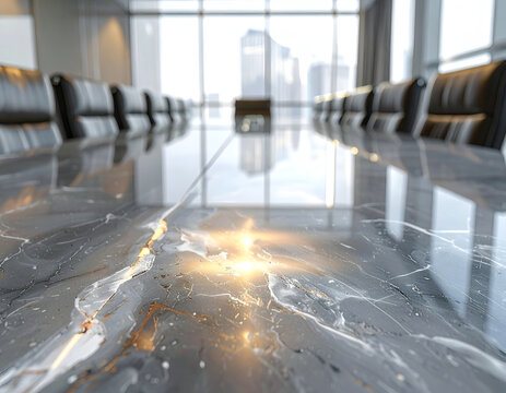 Modern Conference Room with Marble Table and City View.