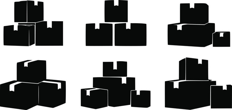 Set of black silhouette icons of cardboard shipping boxes stacked in piles isolated on white background, Vector