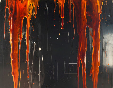 Abstract Orange Drips on Dark Textured Background.