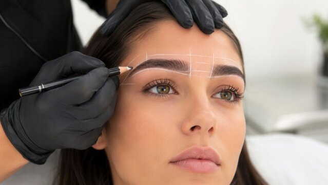 Detailed eyebrow mapping and brow design process with precision shaping in professional beauty salon