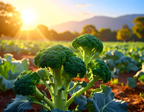 Fresh Broccoli Field at Sunrise with Golden Sun Rays.