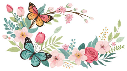 Fototapeta premium Vibrant butterflies resting among pastel flowers and lush greenery in a whimsical hand drawn floral arrangement