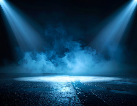 Dramatic Blue Stage Spotlights Illuminating Smoke and Fog on a Dark Surface.