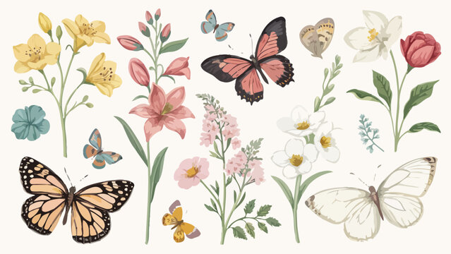 Illustrated watercolor style butterflies and flowers collection evokes natural beauty for branding
