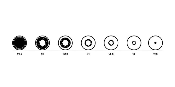 Aperture Diagram Showing a Series of F-Stop Camera Lens Openings with Circular Blades and Varying Light Intensity Levels