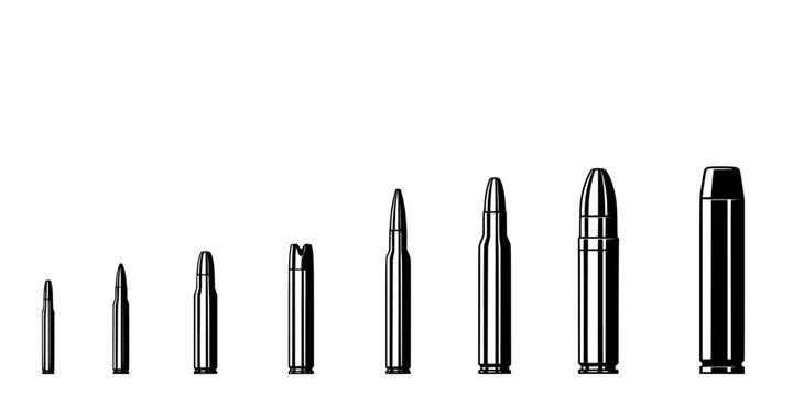 Bullets and Shell Casings Arranged in a Row with Varying Sizes and Designs Featuring Bullet, Casing, Ammunition with Firearm