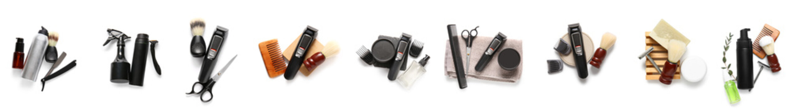Set of men's grooming tools and products on white background