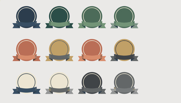 Collection of twelve blank circular ribbon badges in a variety of muted and earthy colors for custom logos or rewards.