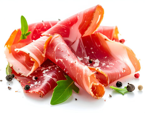 Gourmet Prosciutto Ham Slices with Fresh Greens and Peppercorns.