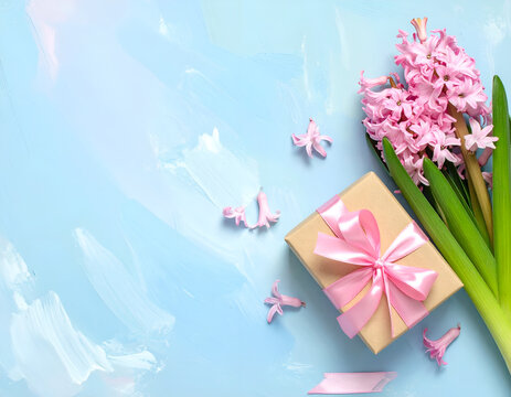 Beautiful Pink Hyacinth Flowers and Gift Box on Blue Background.