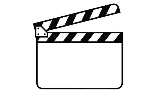 Blank black and white movie clapperboard icon with open clapboard on a white background, representing film industry.