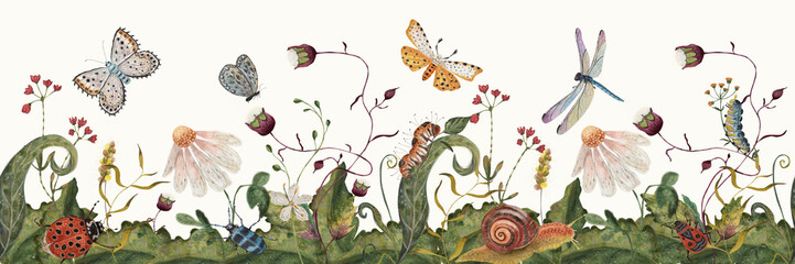 Watercolor fairytale seamless horizontal border with mystical insects and forest wildflowers. Hand painted moody cottagecore ribbon edge print vector.