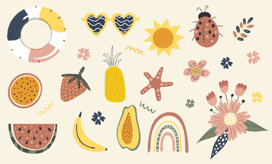 Fototapeta premium Boho summer kids clipart set with isolated tropical fruits, rainbow, sunglasses and beach elements. Muted terracotta and sage green vector collection.