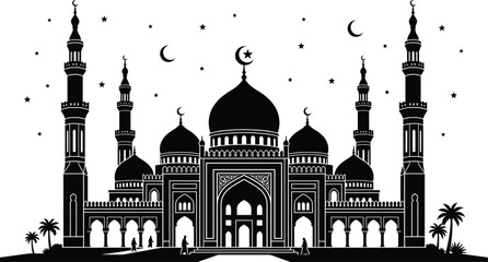 Beautiful mosque silhouette vector illustration with detailed domes minarets stars and crescent moons in the night sky © MSTRAZINA