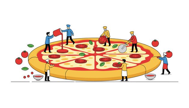 Tiny cartoon chefs collaborating to cook a giant delicious pizza with tomato slices and fresh basil leaves in a fun flat vector scene.