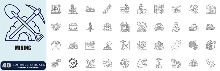 Mining Icon Set in Outline Style. Containing Mine, Excavator, Pickaxe, Drill, Coal, Minerals, Gold, Quarry, Heavy Equipment, Safety Helmet, Industrial Extraction and Engineering Icons Vector © NasimAhmed