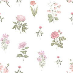 Fototapeta premium Seamless pattern with pink wildflowers. Rose, peony, clover, sweet pea, tulip, cosmos, cherry blossom, elegant botanical hand-drawn art