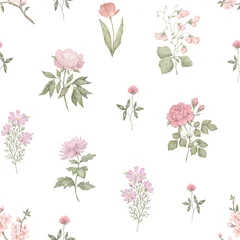 Seamless pattern with pink wildflowers. Rose, peony, clover, sweet pea, tulip, cosmos, cherry blossom, elegant botanical hand-drawn art © Kate K.